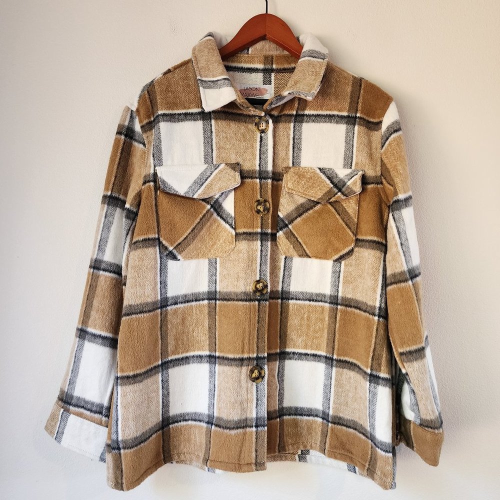 Jason Maxwell, Women Shacket Plaid Flannel, Button Down Blouse, Size L, Polyeste